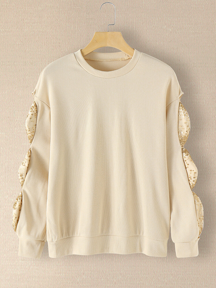 Sequins Patchwork Twisted Sleeves Plus Size Pullover Sweatshirt