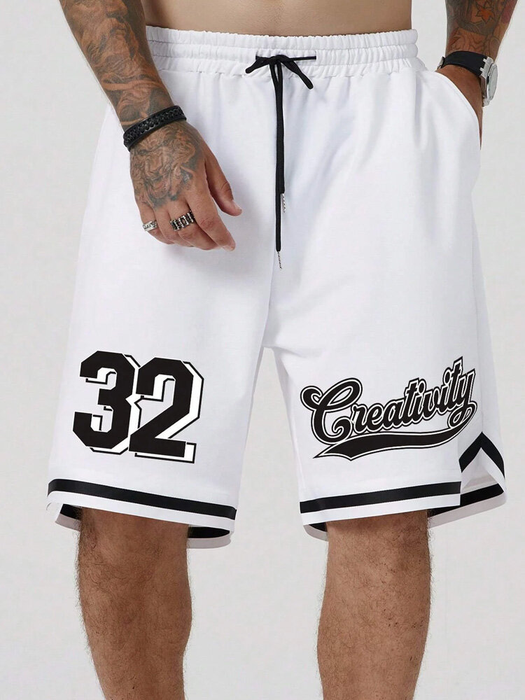 

Mens Letter Number Print Casual Drawstring Waist Shorts, White