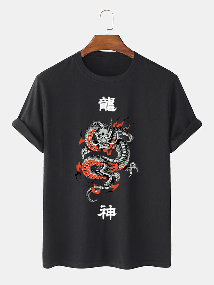 

Mens Chinese Dragon Print Crew Neck Short Sleeve T-Shirts, Black