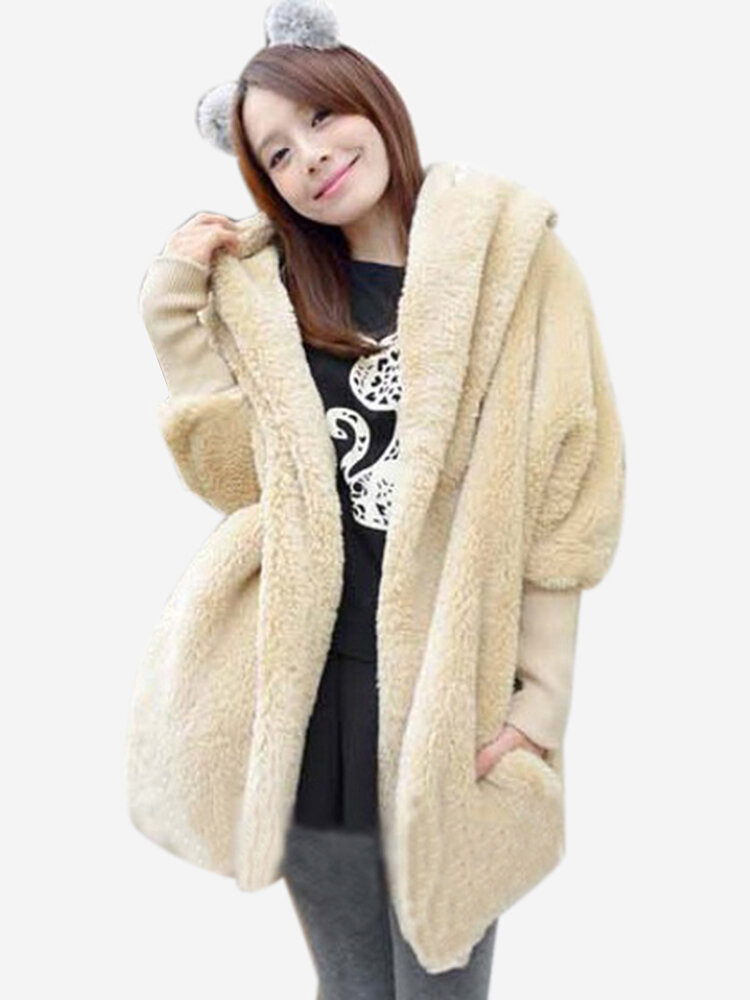 Women Stylish Solid Color Long Sleeve Loose Cashmere Hooded Coat