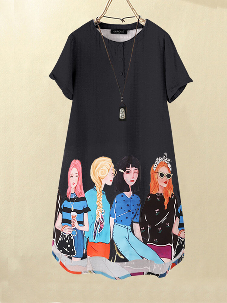 Kurzarm-Knopfkleid mit Cartoon-Motiv für Mädchen mit Taschen und Taschen