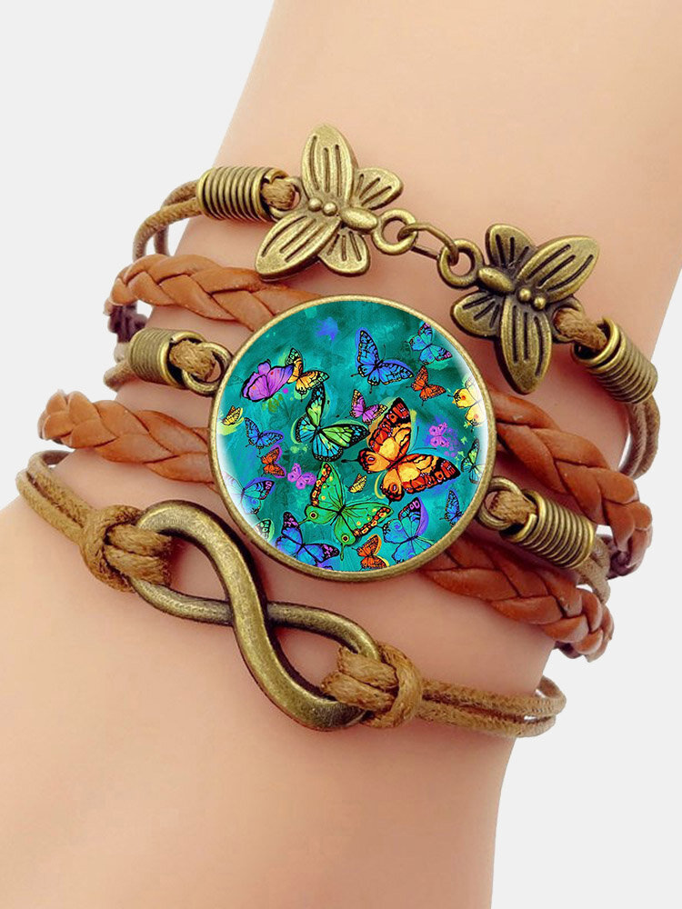 Bracelet multicouche de pierres précieuses tressées vintage à motif de papillons multicolores et imprimés de papillons