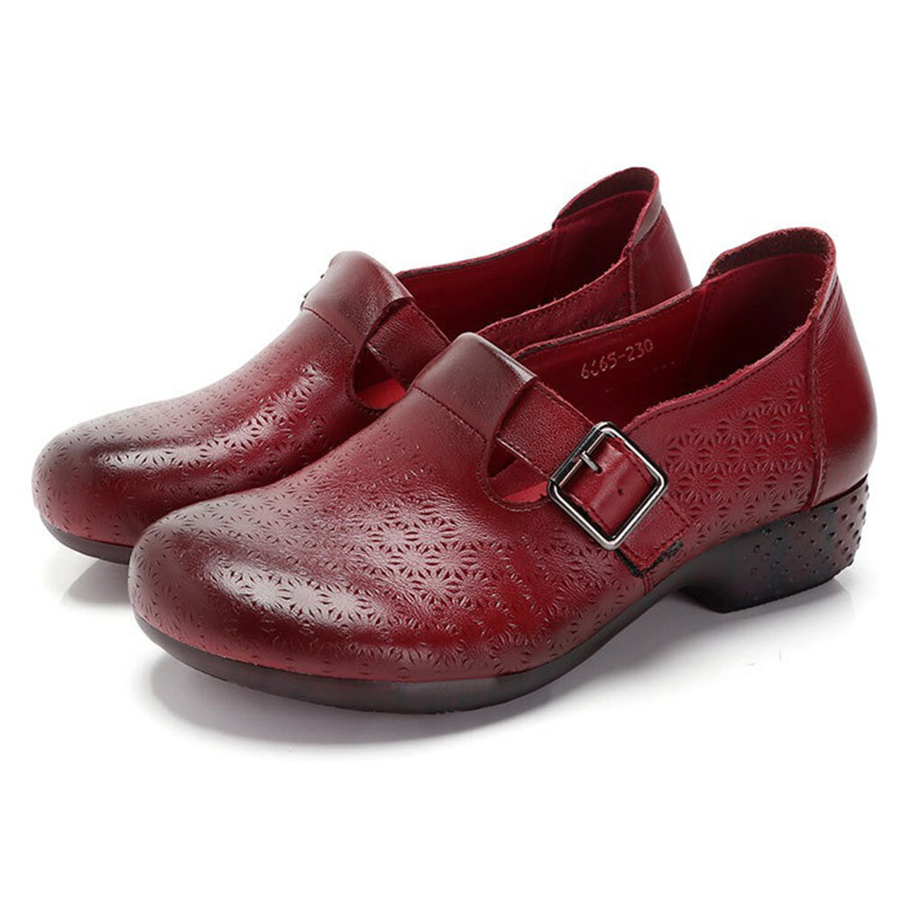 Women Casual Soft Breathable Hollow Buckle Genuine Leather Shoes