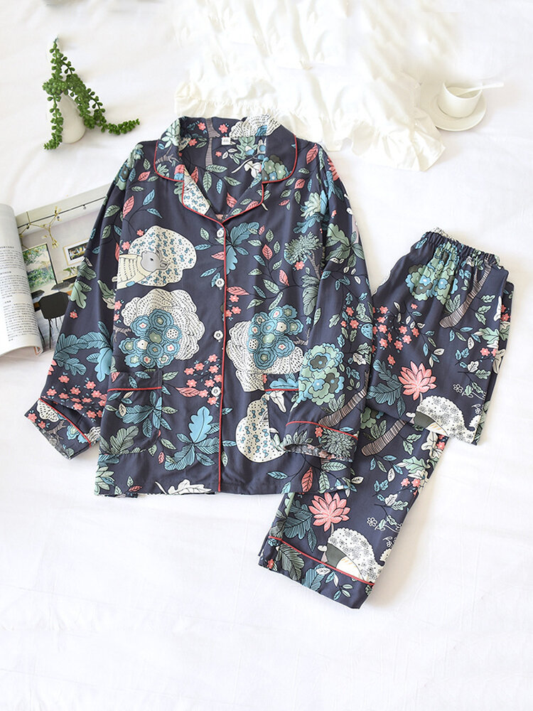 

Women Allover Floral Cartoon Animal Print Lapel Long Pajama Sets With Contrast Binding, Navy