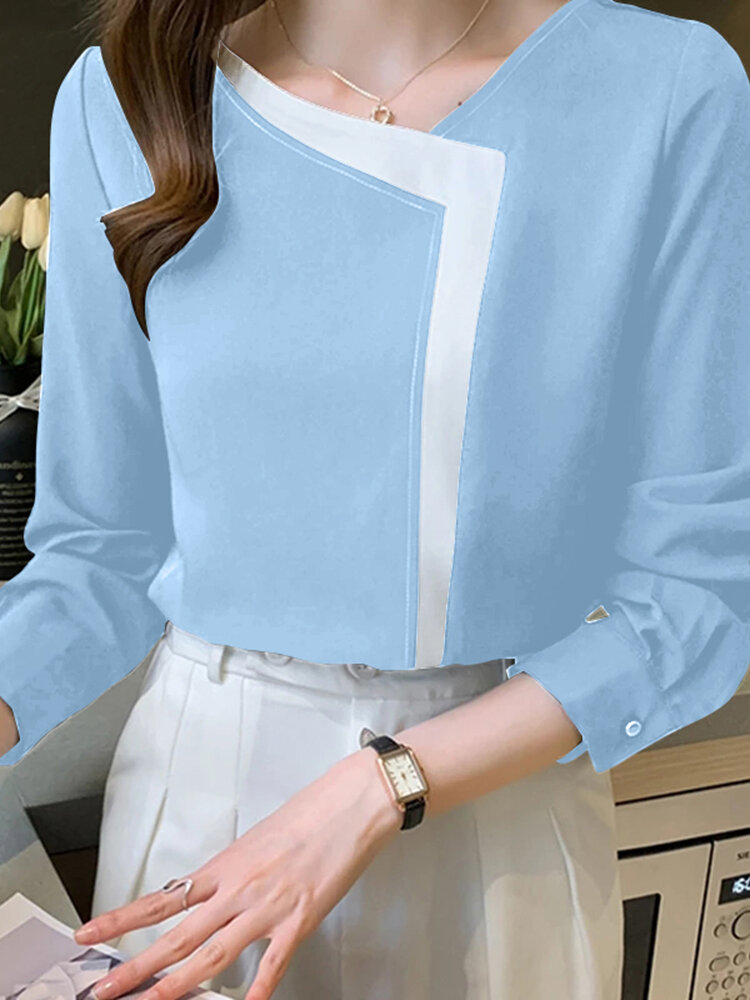 Contrast Asymmetrical Collar Long Sleeve Casual Women Blouse