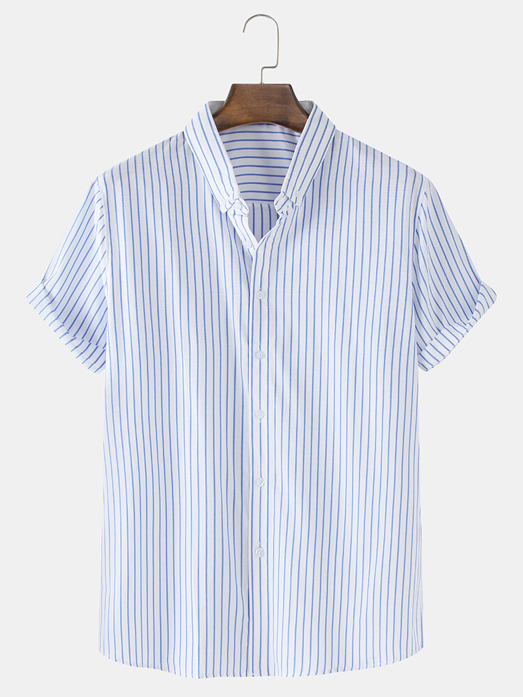 Mens Cotton Basic Vertical Stripes Print Light Casual Short Sleeve Shirts