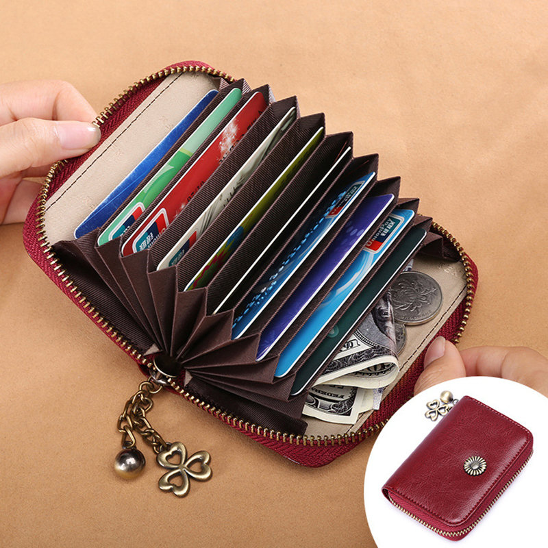Multi-slots 11 Card Slots Genuine Leather Card Holder Purse Zipper Wallet