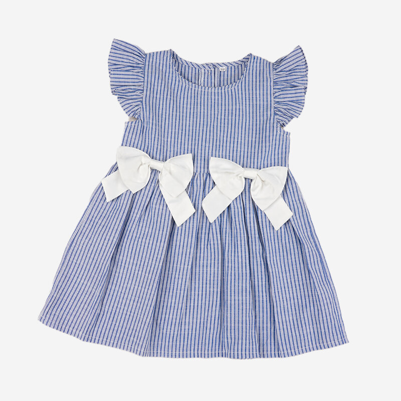 

Girl's Flying Sleeves Bowknot Striped Print Casual Dress For 1-5Y, Sky blue
