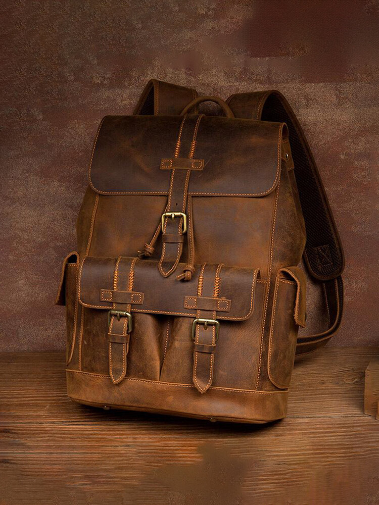 Men Vintage Rub Color Flip Buckle Multifunctional Large Capacity 15.6-inch Laptop Backpacks Travel Bag