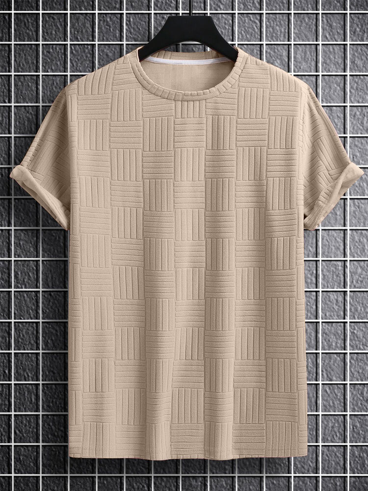 Camisetas masculinas de textura sólida com gola redonda casual de manga curta