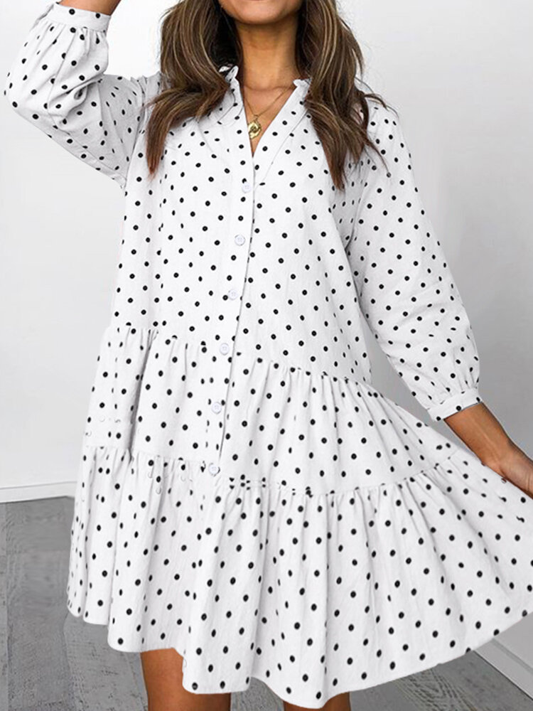 Polka Dot Print Button Plus Size Dress for Women