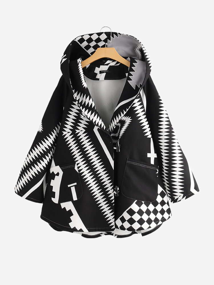 Casual Print Geometric Horn Button Winter Hooded Coat