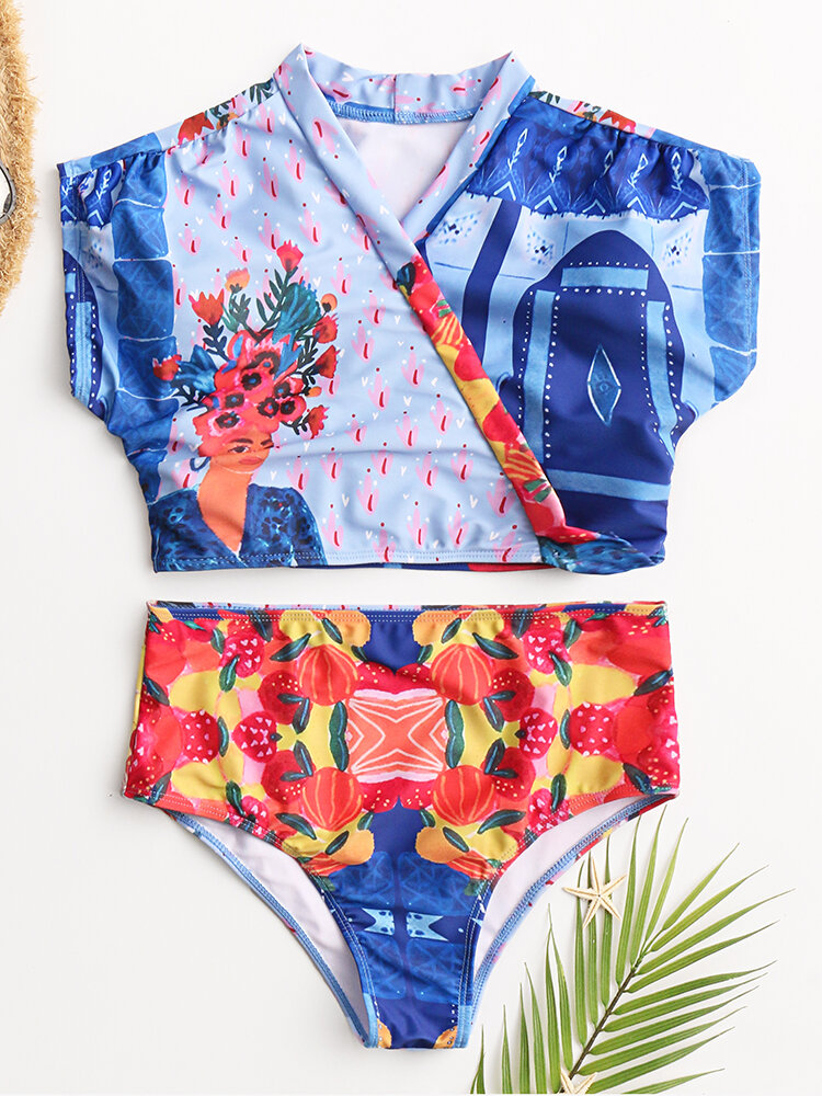 Women High Waist Bikini String Short Sleeves Tropical Print Swimwear