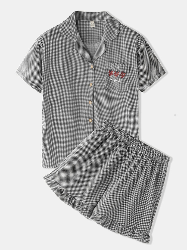

Women Houndstooth Pajamas Set Strawberry Print Softies Short Sleeve Sleepwear With Flounce Trim Bottom Loungewear, Grey;blue;red