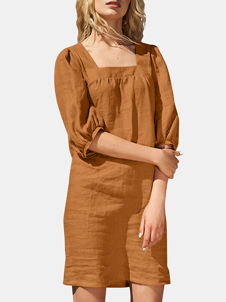 Square Collar Half Sleeve Solid Dress For Women