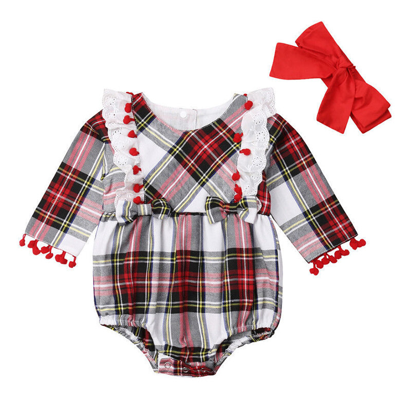 2PCs Baby Plaid Lace Long Sleeves Casual Rompers For 0-24M
