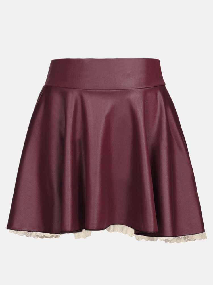 Women Sexy PU Leather Pleated Lace Hem Skirt