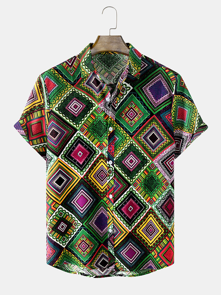 Mens Colorful Argyle Pattern Vintage Cotton Short Sleeve Shirts