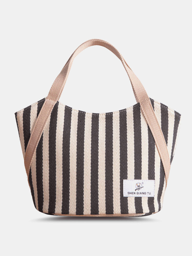 Casual Canvas Striped Design ZIP Wavy Pocket Two Tone Handbag Tote