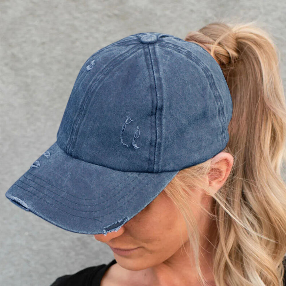 

Women Made-old Breaking Hole Solid Color Fashion Hollow Out Ripped Washed Denim Baseball Cap, Navy
