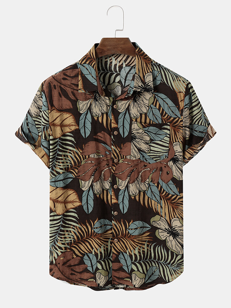 

Mens Tropical Plants Overlay Print Hem Cuff Short Sleeve Shirts, Brown