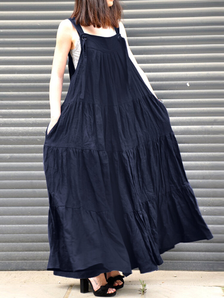 Solid Pleated Pocket Ruffle Knotted Casual Maxi Dress