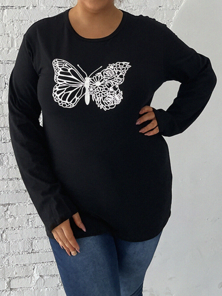 Plus Size Butterfly Print O-neck Loose Casual Sweatshirt