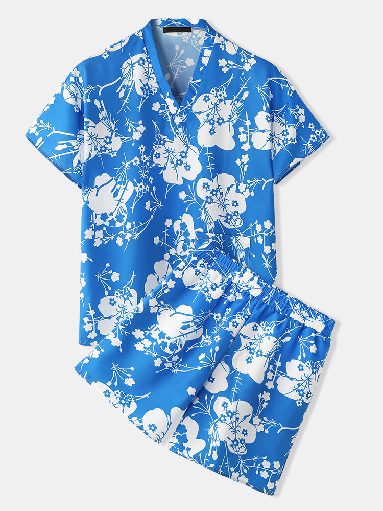 Floral Pattern Print Pajamas Sets Two Pieces Short Sleeve Tops and Short Bottoms Sleepwear for Men