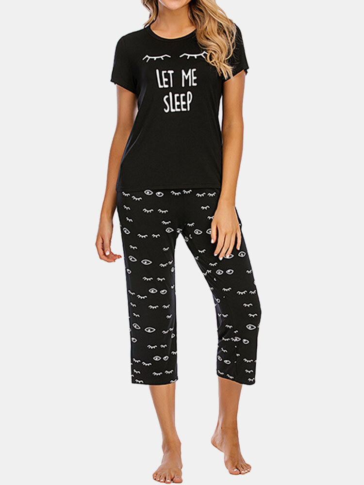 Plus Size Women Letter Cartoon Print Comfy Short Sleeve Pajama Sets