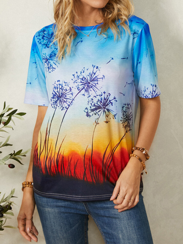Landscape Print O-neck Short Sleeve Casual T-Shirt For Women