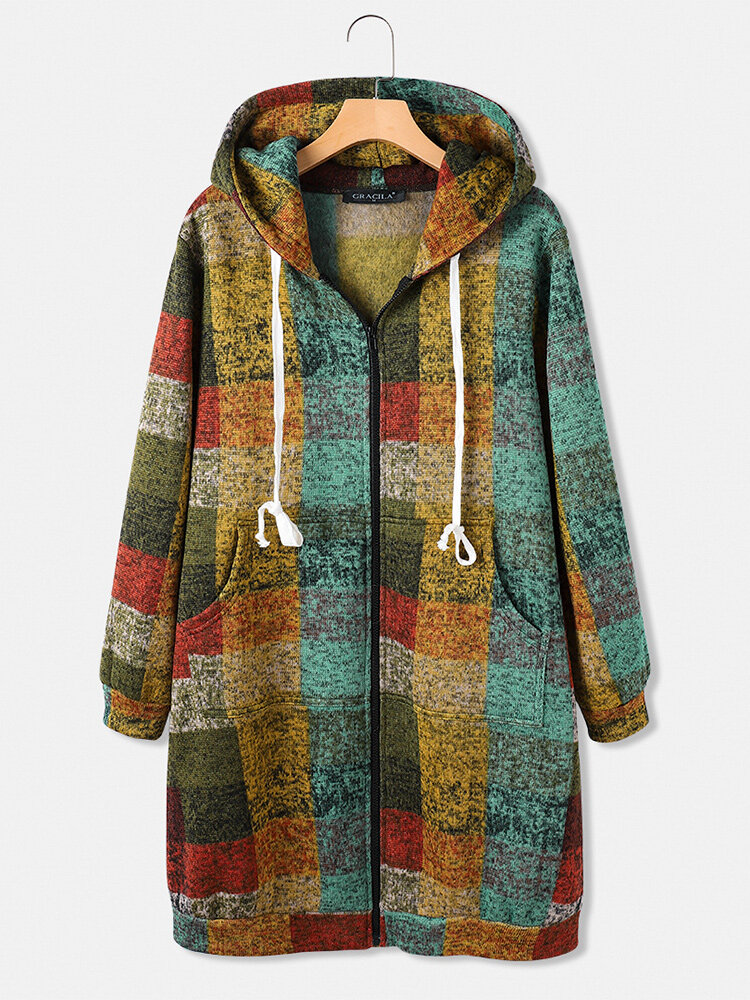 Color Plaid Print Long Sleeves Hooded Zipper Pockets Casual Coat For Women