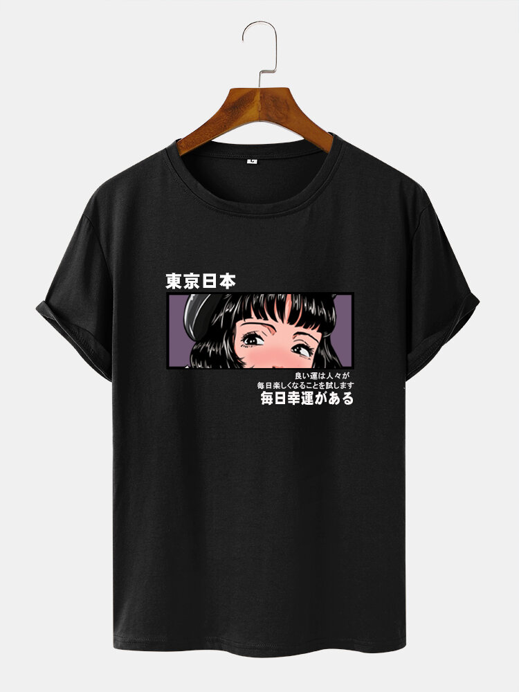 Mens Anime Figure Japanese Print Street Short Sleeve T-Shirts