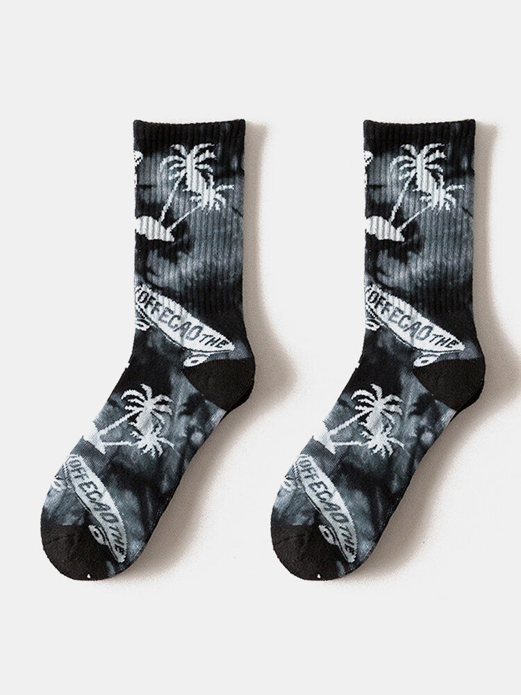 Unisex Cotton Tie-dye Skateboard Coconut Tree Pattern Printed Non-slip Breathable Thickened Socks