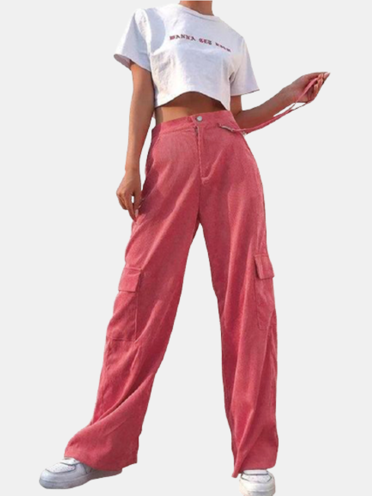 Casual Zip Front Button Plus Size Pocket Pants for Women