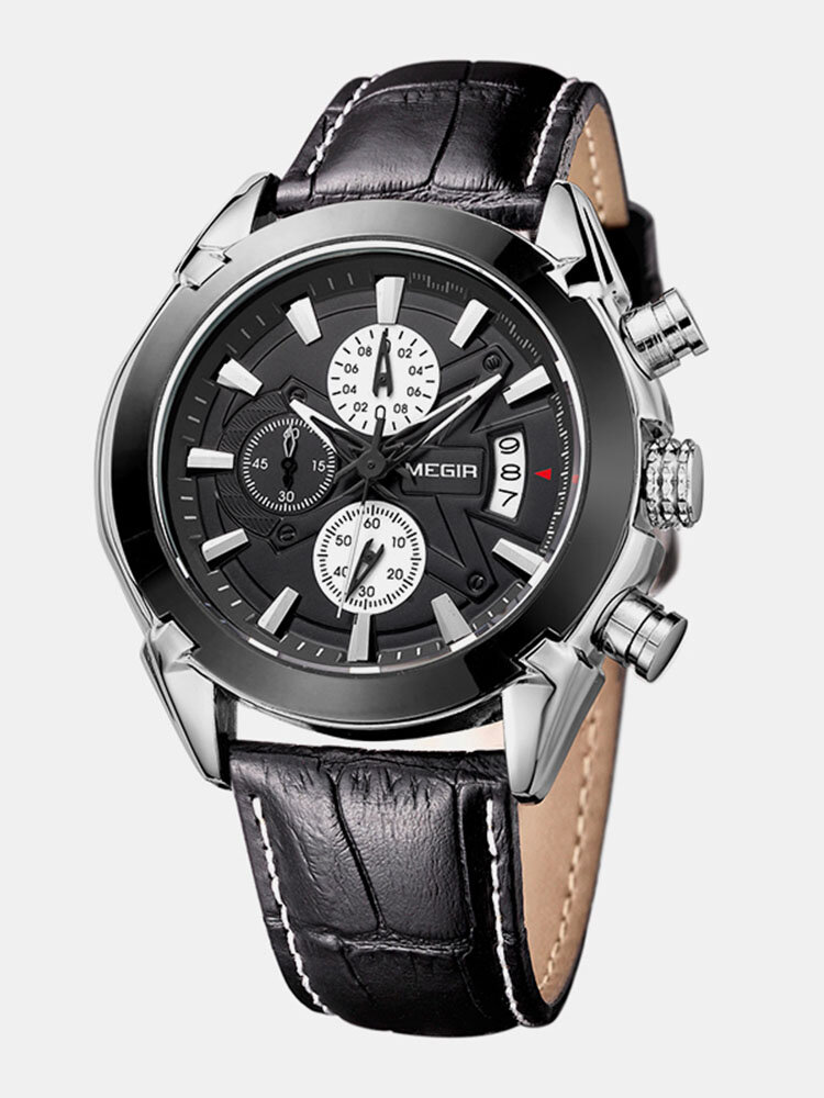 Business Sport Men Watches Three-Dimensional Dial Leather Band Luminous Chronograph Quartz Watch