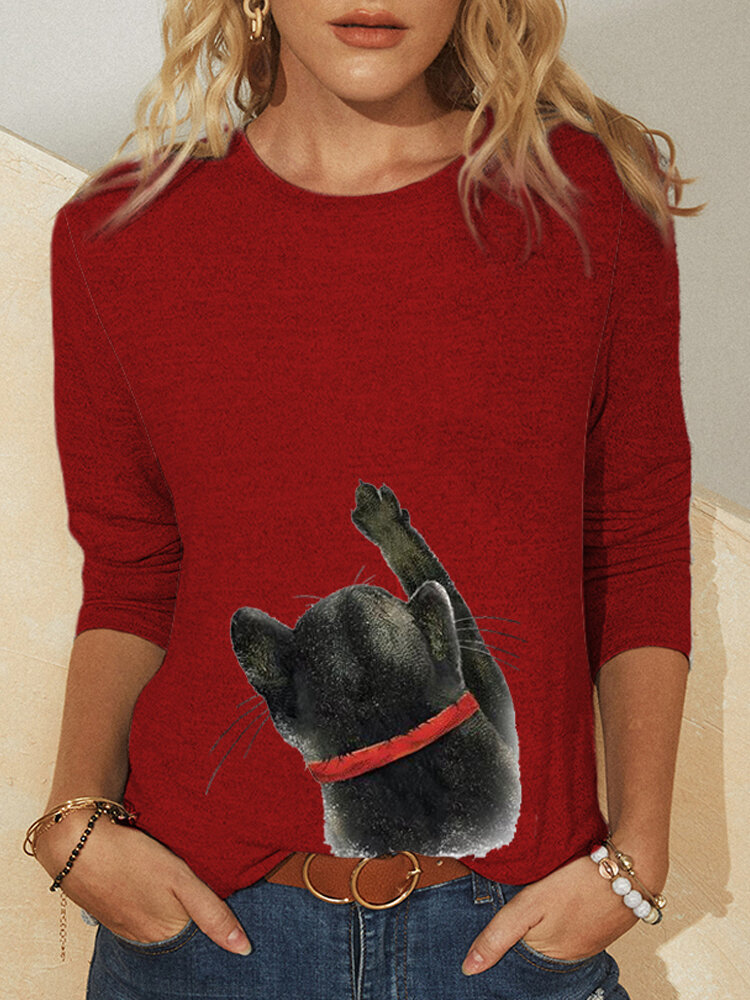 Cat Print O-neck Long Sleeve Casual T-Shirt For Women