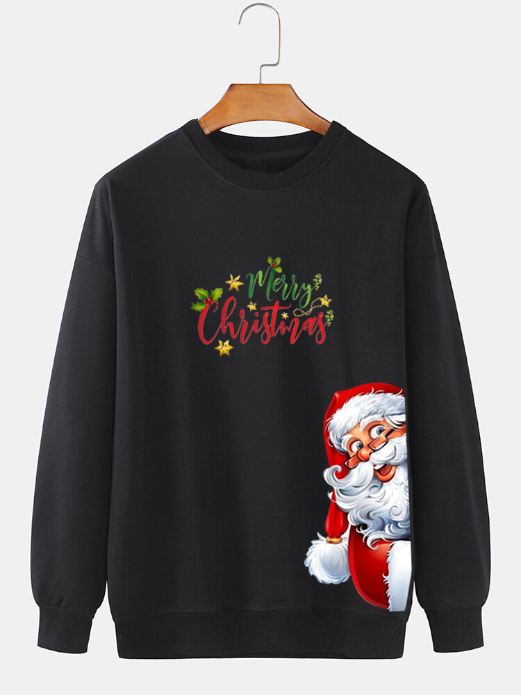 

Mens Christmas Santa Claus Side Print Crew Neck Pullover Sweatshirts Winter, Black;apricot;white