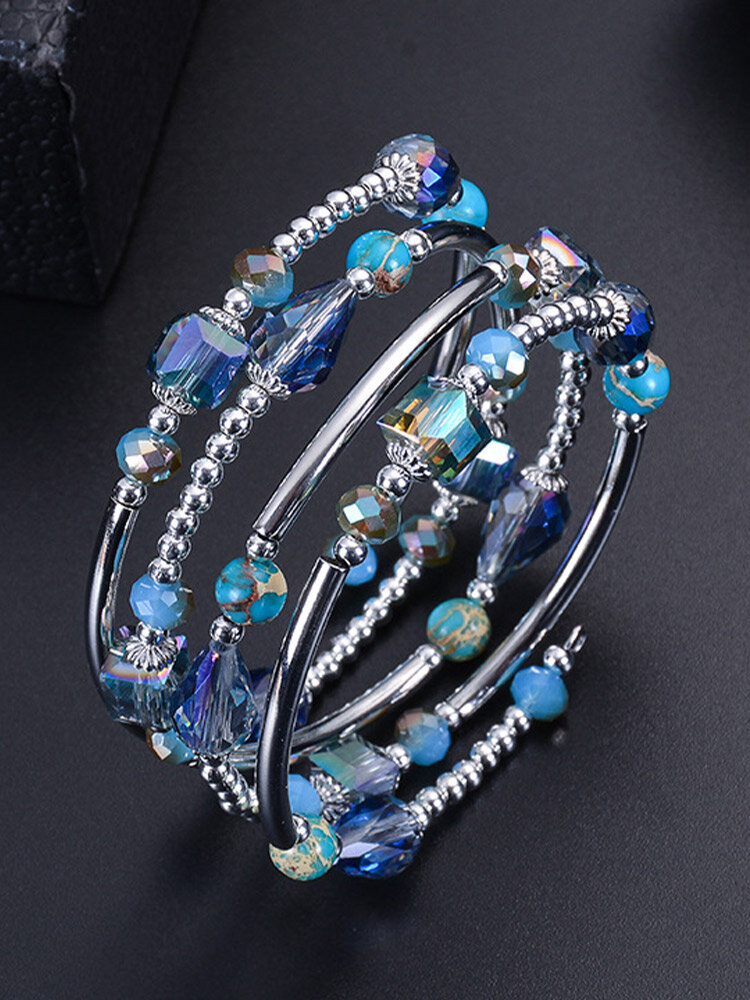 

Vintage Geometric-shaped Beaded Natural Crystal Turquoise Multi-layer Winding Bracelet