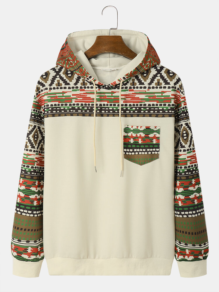 Mens Colorful Geometric Print Patchwork Chest Pocket Ethnic Hoodies