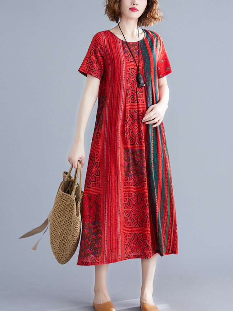 Ethnic Stripe Print Short Sleeve Vintage Dress
