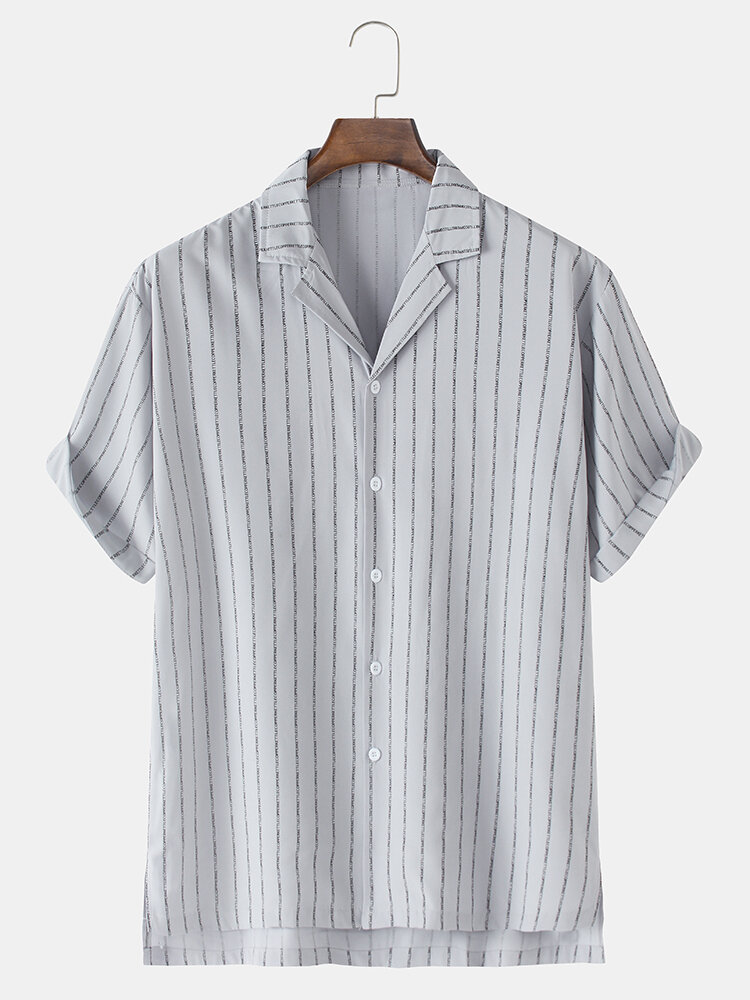 

Mens Basic Vertical Stripes Revere Collar Short Sleeve Shirts, White;grey;black