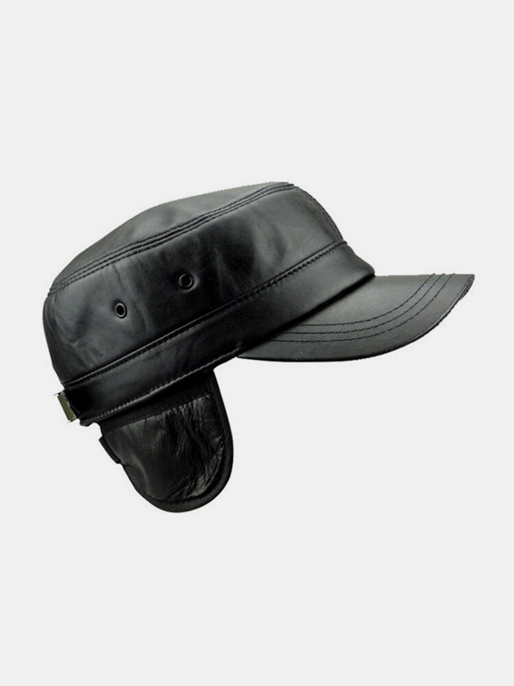 Men Women Black Genuine Sheepskin Military Cap Warm Ear Protaction Flat Top Hat