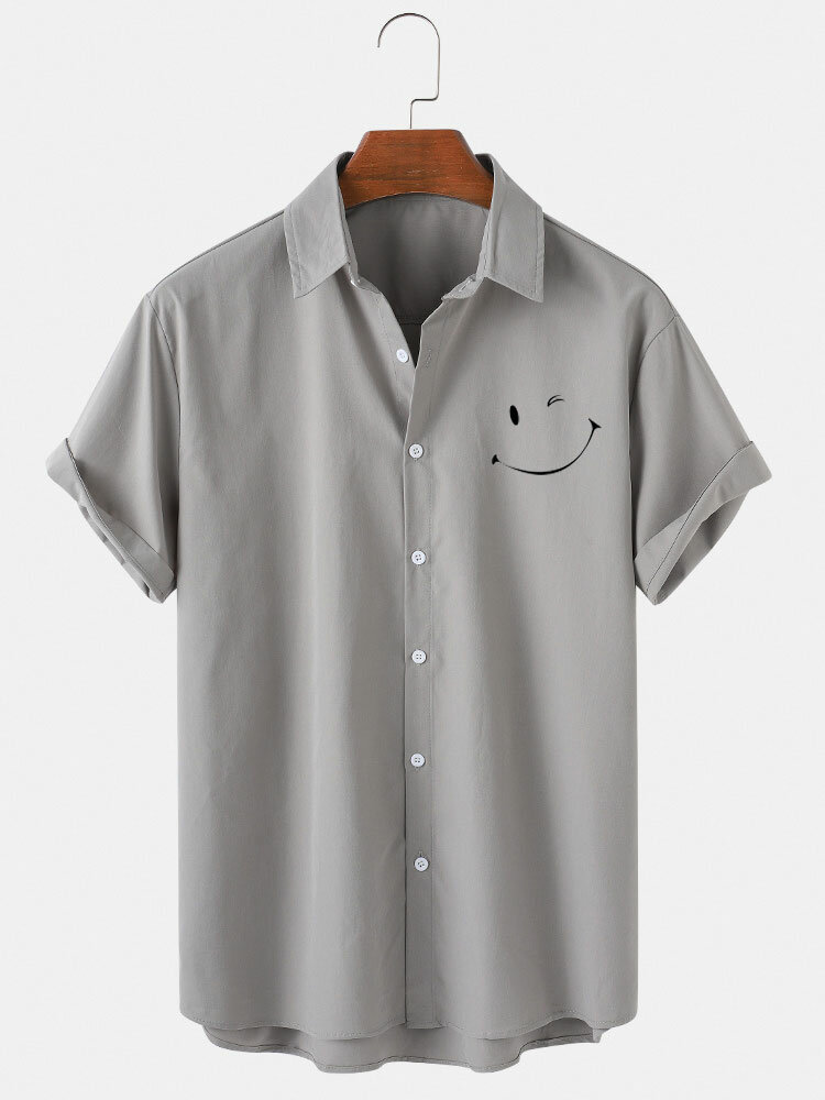 Mens Smile Emojis Print Button Up Short Sleeve Casual Shirt