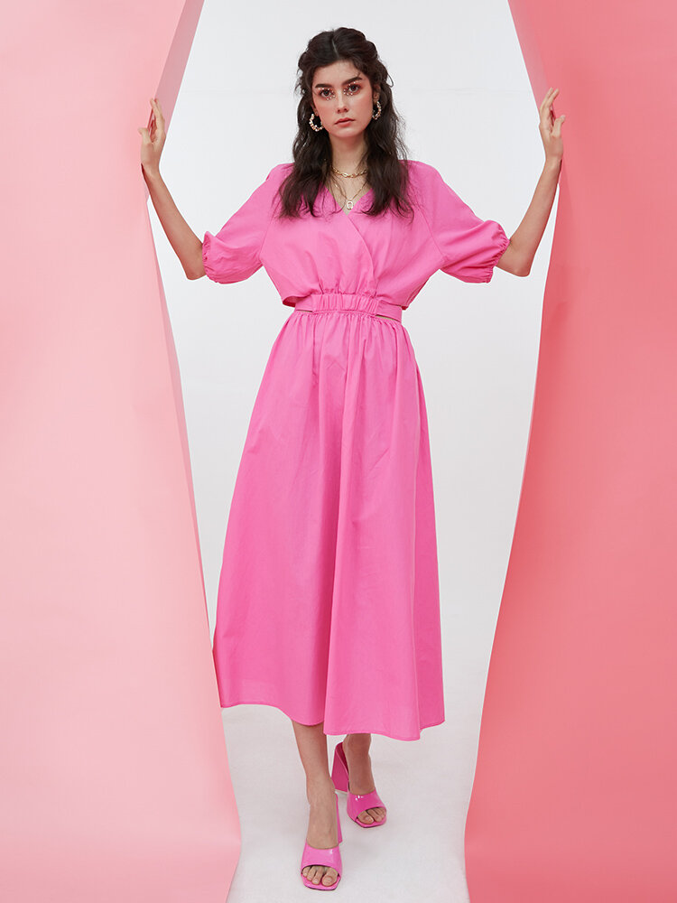 Cut Out Knotted Puff Sleeve V-neck Button Pink Dress