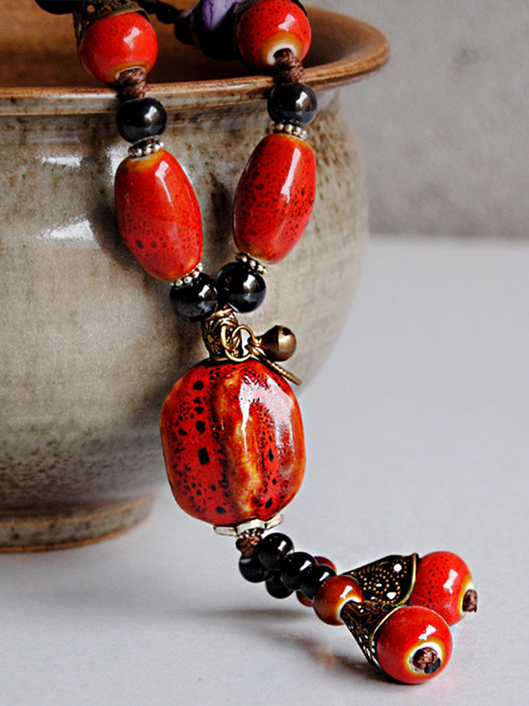 Vintage Geometric Beaded Pumpkin-shaped Bead Pendant Hand-woven Ceramic Alloy Necklace
