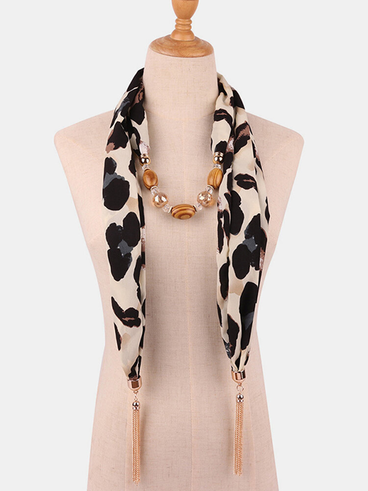 Bohemian Chiffon Multi-layer Necklace Big Leopard Print Snakeskin Print Beaded Tassel Scarf Necklace