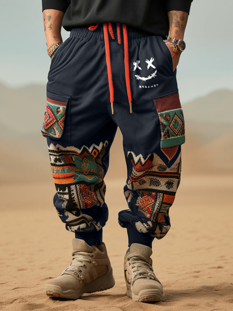 Pantalon ample à cordon de serrage en patchwork à imprimé géométrique ethnique pour hommes