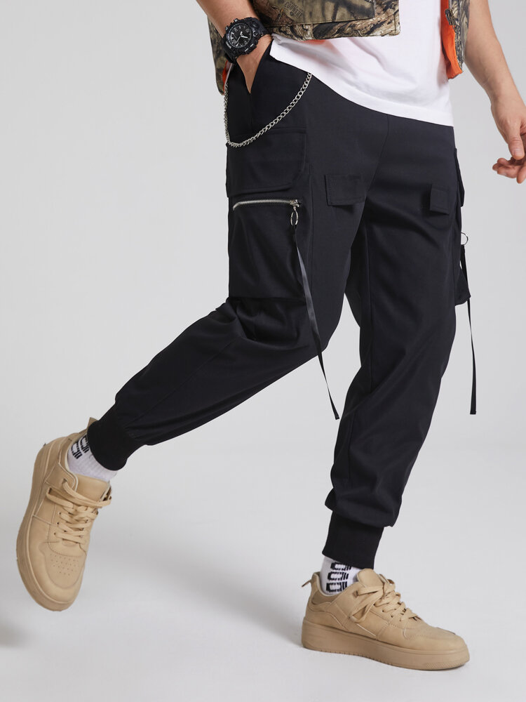 Mens Chain Design Solid Color Street Drawstring Cargo Pants