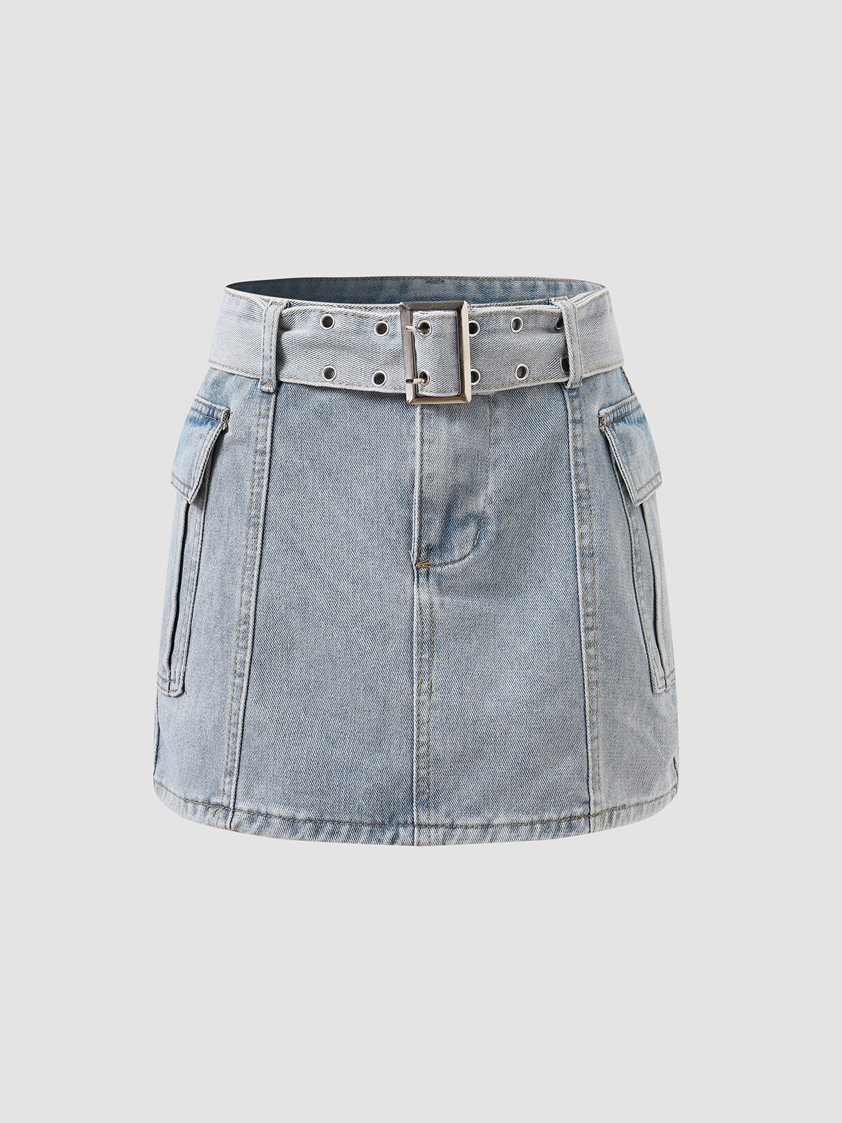 Solid Zip Front Button Belt Pocket Mini Denim Skirt