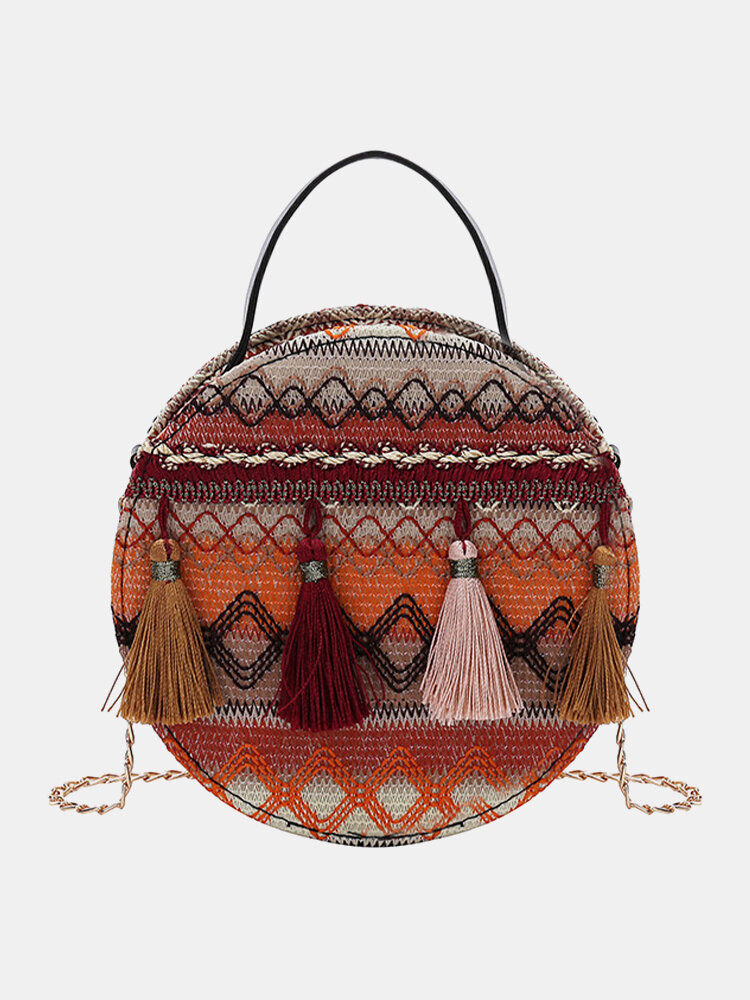 Women Weave Bohemia Ethnic Pattern Printed Tassel Crossbody Bag Handbag Satchel Bag Circle Bag